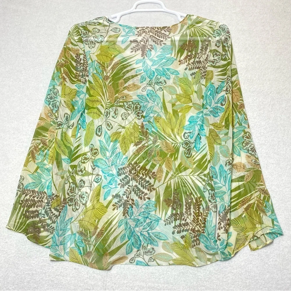 Loft Tropical Hawaiian Floral Top Womens L Green Sheer V Neck Long Sleeve Resort
